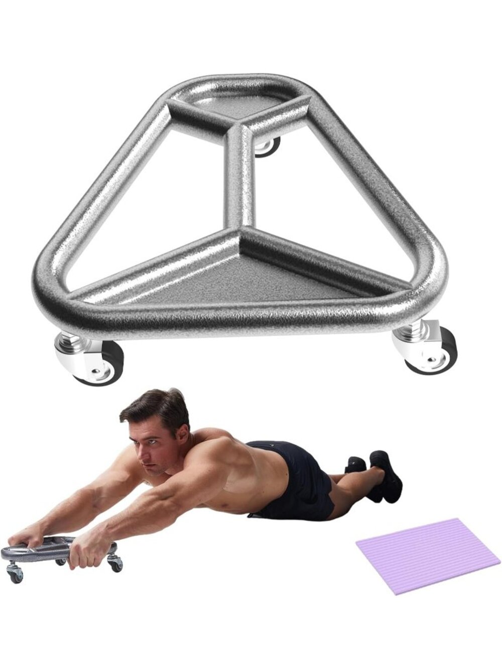 360 Triangular Ab Roller Wheel Core Exercise Trainer Base Caster Wheels Knee Pad